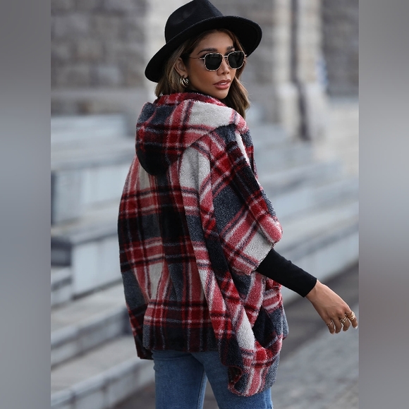 💥Plaid Open Front Hooded Poncho Cape Fleece Jacket - Picture 3 of 5